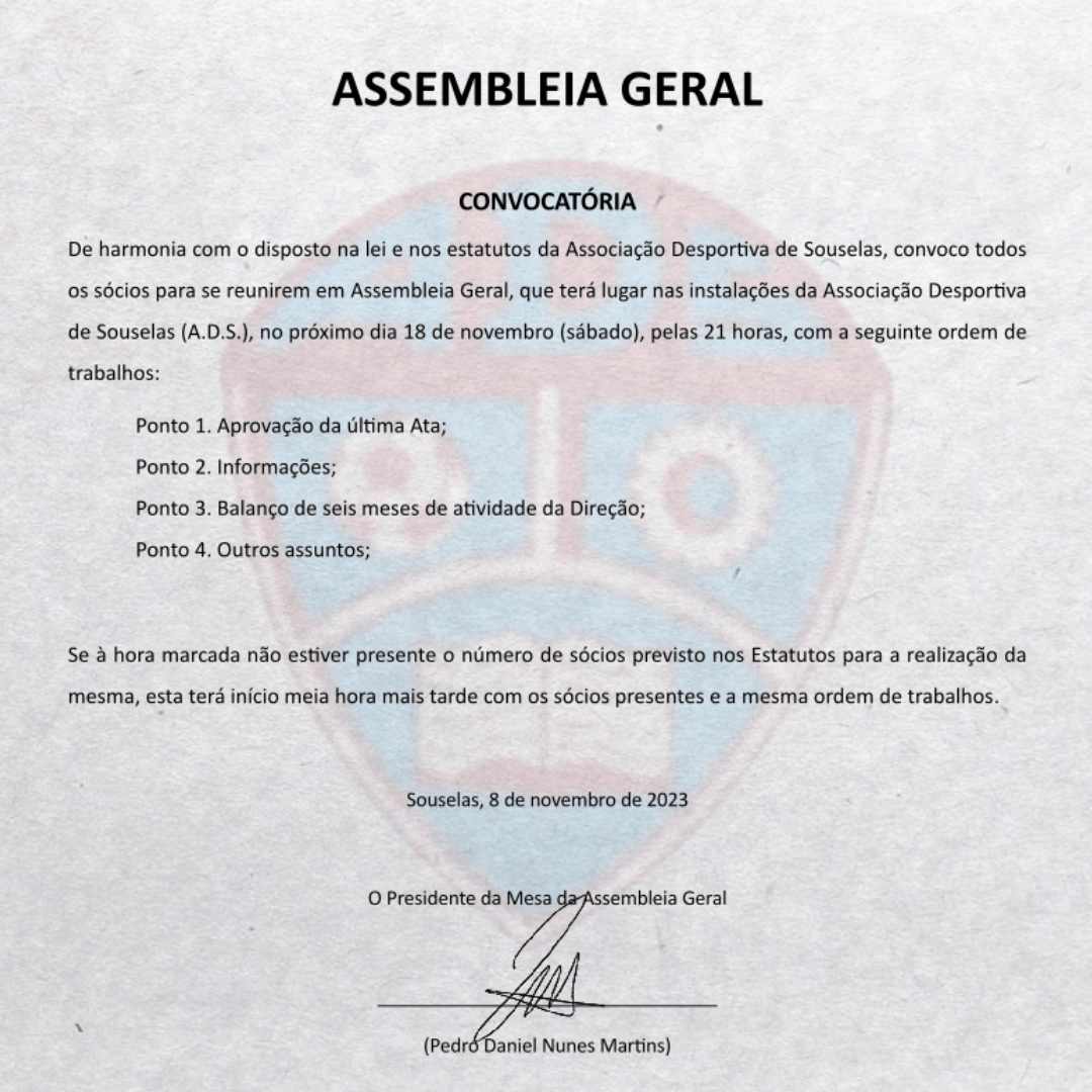 CONVOCATÓRIA – ASSEMBLEIA GERAL – 18/NOV